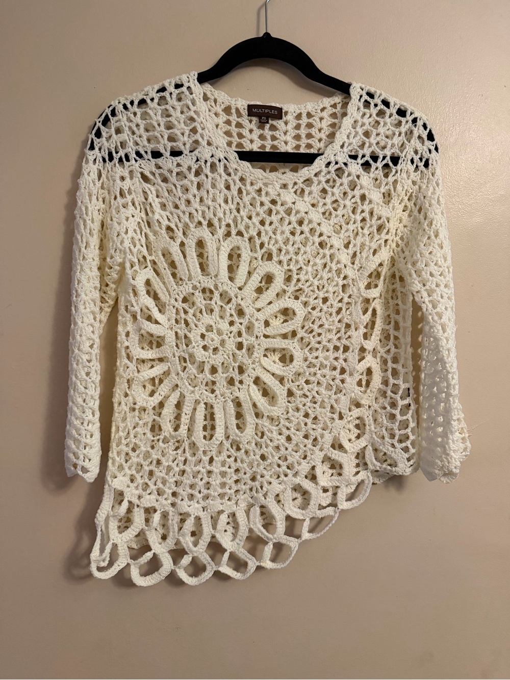 MULTIPLES Cream Crochet Openwork Top